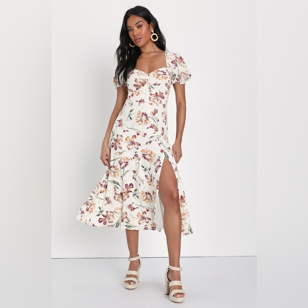Lulu's Parisian Picnic Cream Floral Jacquard Puff Sleeve Midi Dress